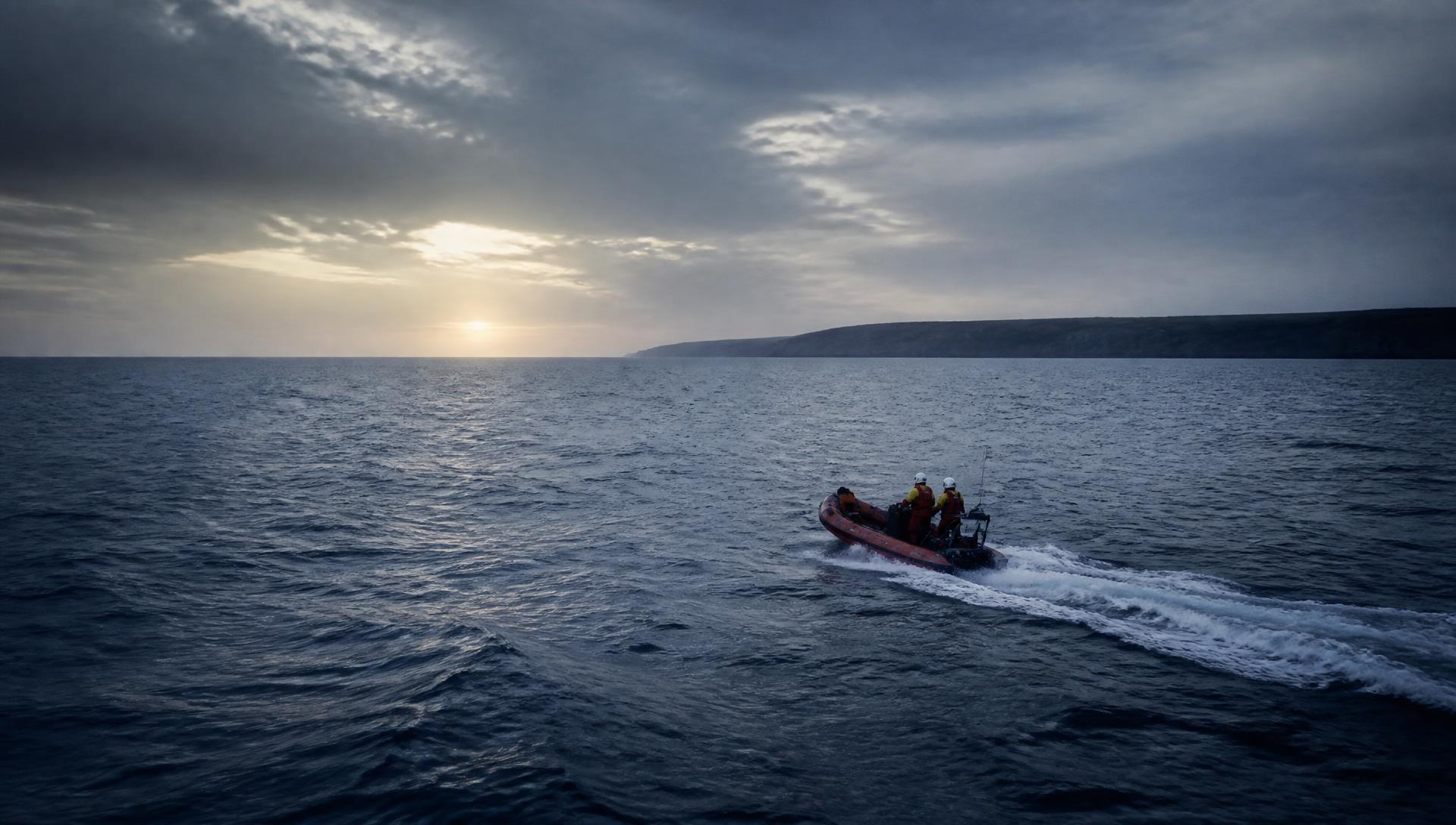 Rescue craft crossing open water at first light